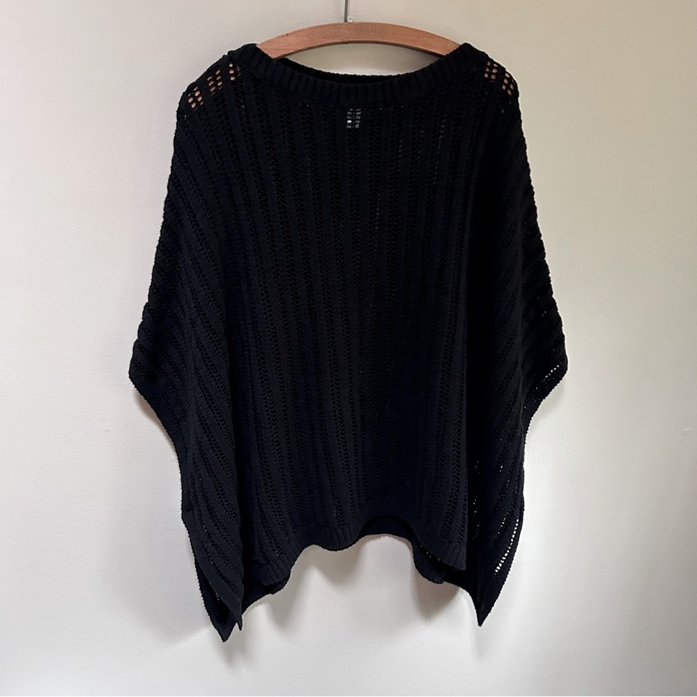 Garnet Hill ~ Black Linen & Organic Cotton Crochet Open Weave Poncho in OS - Picture 2 of 14